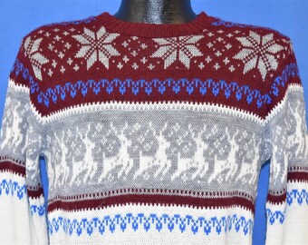 80s Maroon Snowflakes Reindeer Sweater Medium