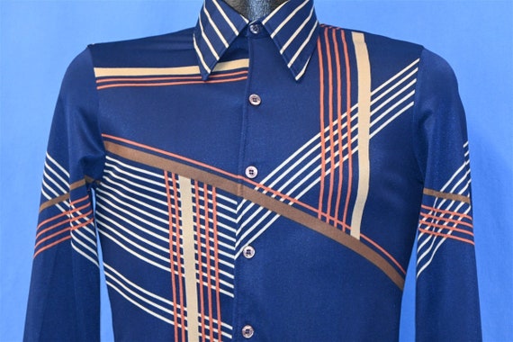 70s Geometric Striped Navy Blue Polyester Big Col… - image 1