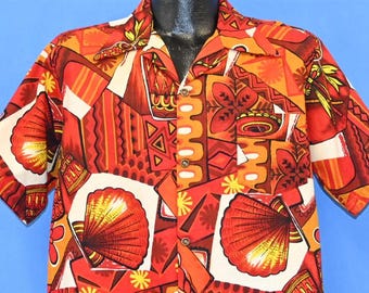 60s Connie&#39;s Fashions Orange Red Geometric Seashell Tiki Aloha Hawaiian Shirt Large
