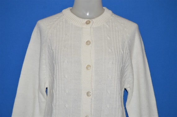 70s White Cable Knit Women's Cardigan Sweater Med… - image 1