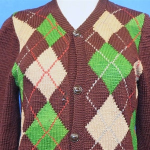 50s Brown Green Argyle Wool Button Up Cardigan Sweater Women&#39;s Small