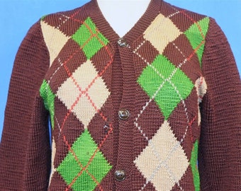 50s Brown Green Argyle Wool Button Up Cardigan Sweater Women's Small