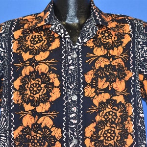 70s Hukiloau Fashions Black Orange Floral Hawaiian Aloha Shirt Medium