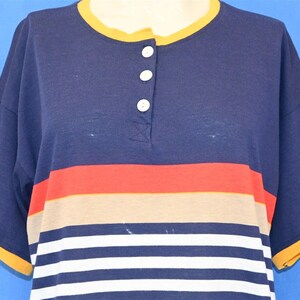 80s Jantzen Navy Blue White Striped Henley Yellow Ringer t-shirt Women's Large