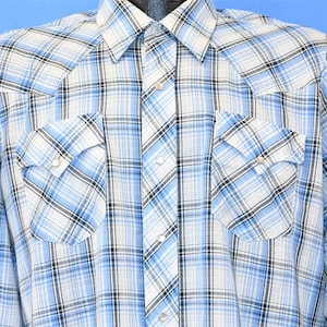 70s Blue White Plaid Western Pearl Snap Big Collar Cowboy Shirt Large