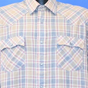 80s Levi&#39;s Yellow Blue Plaid Pastel Western Yoke Pearl Snap Cowboy Shirt Large