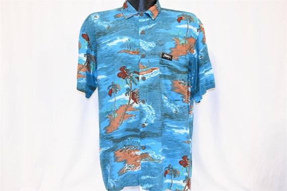 80s Jimmy'z Palm Tree Ocean Blue Aloha Hawaiian S… - image 2