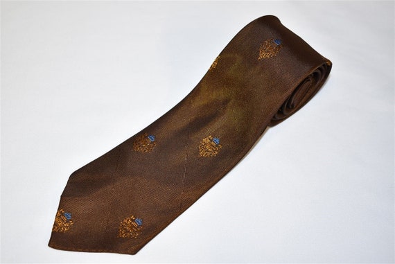 60s Brown Gold Blue Royal Crown Motif Necktie - image 1