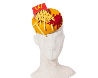 Mc donalds french fries headpiece, fast food fascinator, ketchup and fries pillbox
