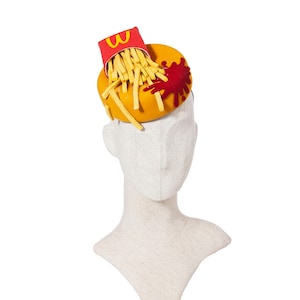 Mc donalds french fries headpiece, fast food fascinator, ketchup and fries pillbox