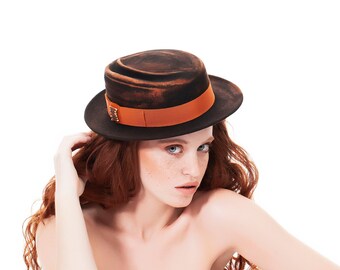 black and brick hat, felt boater hat 50% OFF- ON sale