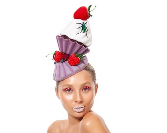 Strawberry Cupcakes Tower Headpiece, fruity fascinator Covered with Swarovski crystals