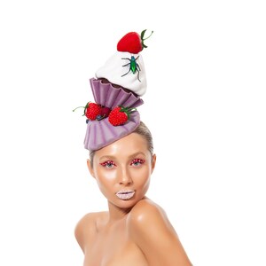 Strawberry Cupcakes Tower Headpiece, fruity fascinator Covered with Swarovski crystals
