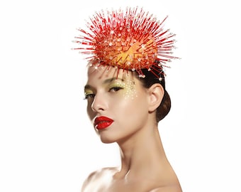 Made to order- Swarovski Crystal Cocktail Hat, Orange Silk Sundew