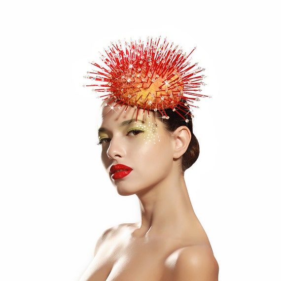 Swarovski Crystal Cocktail Hat, Orange Silk Sundew