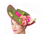 Chapeau à large bord avec mante, mante bandeau, courses Hat, Fascinator vert