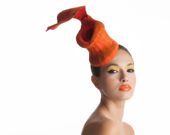 Orange Pitcher Plant Headpiece, Pleated Silk Fascinator