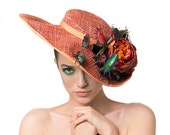 RESERVED FOR JULIETTE Wide Brim Hat with Beetles, Orange Races Hat, Flower Cocktail Hat