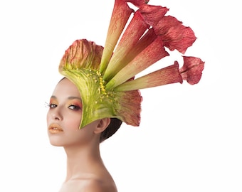 Tall Red and Green Fascinator, Pitcher Plant Headpiece