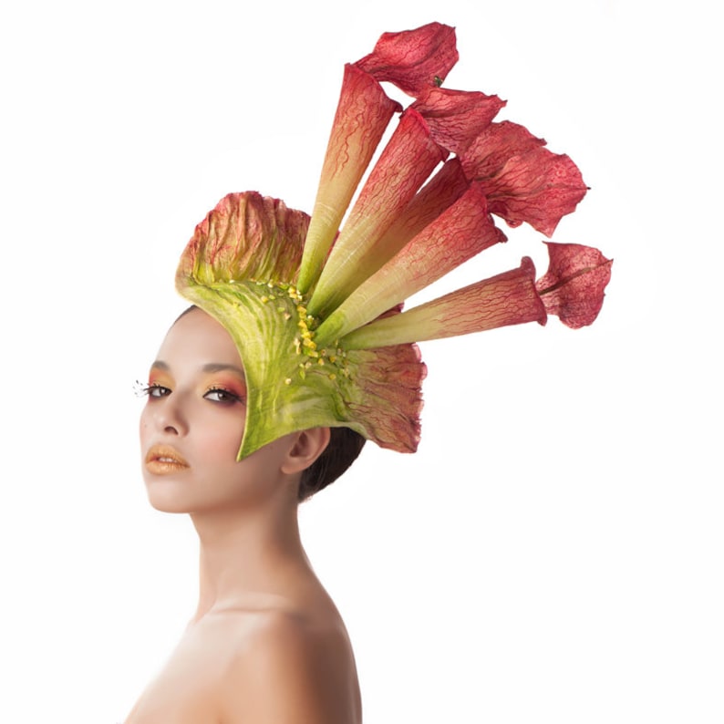 Tall Red and Green Fascinator, Pitcher Plant Headpiece image 1