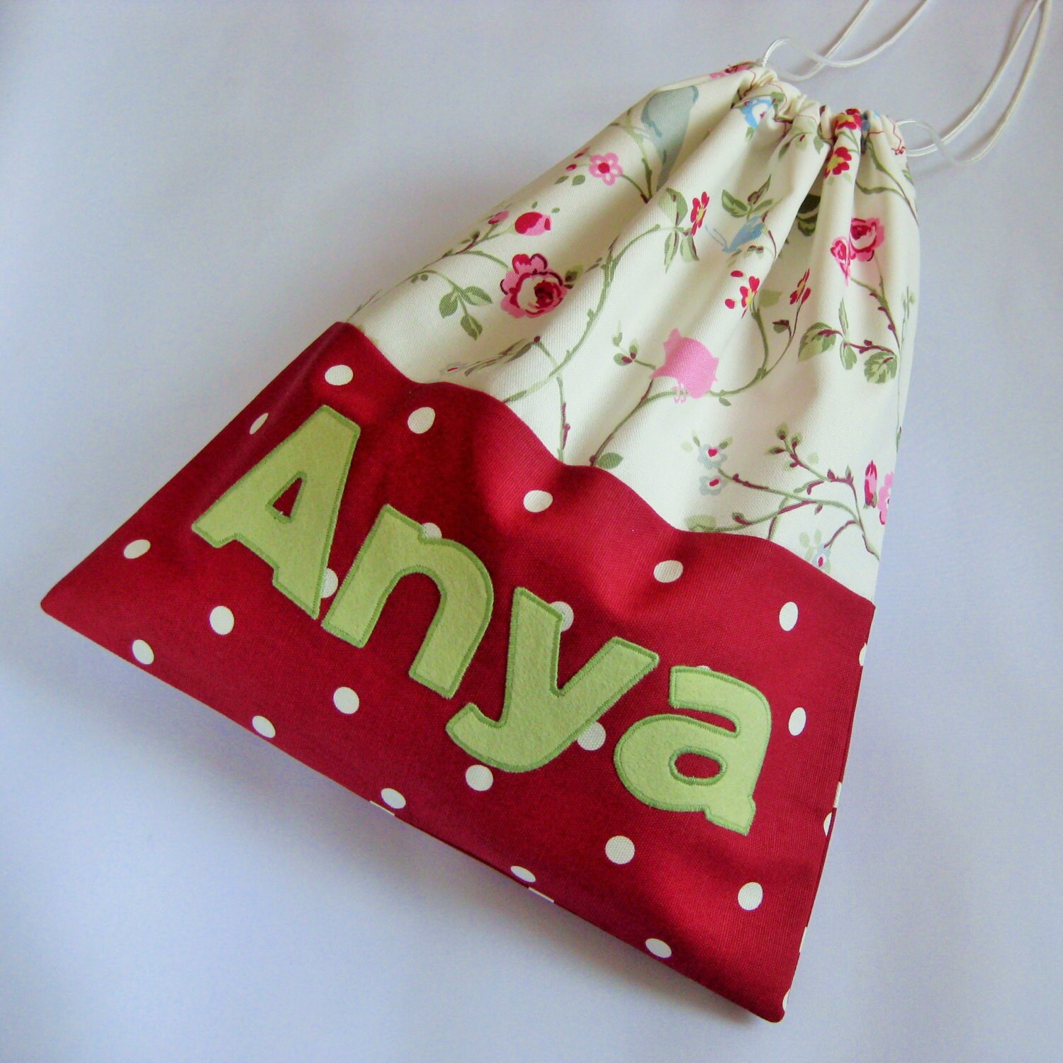 Personalised Drawstring Bag for Girls with Red Spots and Cream Etsy