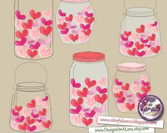 Jar of love, Jar of hearts, Love Jars clipart, Mason Jars Digital Clip Art for Scrapbooking Card Making Cupcake Toppers Paper Crafts