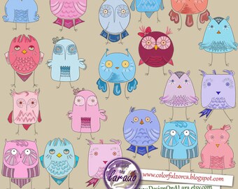 Blue and Pink owls clipart, cute whimsical owls, owls digital images, owl boys clip art, owl girls png