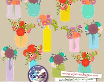 Mason Jar Flowers Clipart, Floral Clipart, Mason jar clip art, Floral bouquets clip art, Mason jar Clipart, Wedding Floral clipart