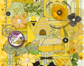 My Honey Digital Scrapbook Kit, Instant Download, Clip Art,  PNG Images, Backgrounds, Scrapbooking, Card Making, Honey Bee, love clipart