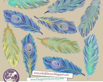 Handpaint feathers gold clipart, Hand Drawn Peacock feather, feather clipart, peacock clipart, digital feathers, feather illustration