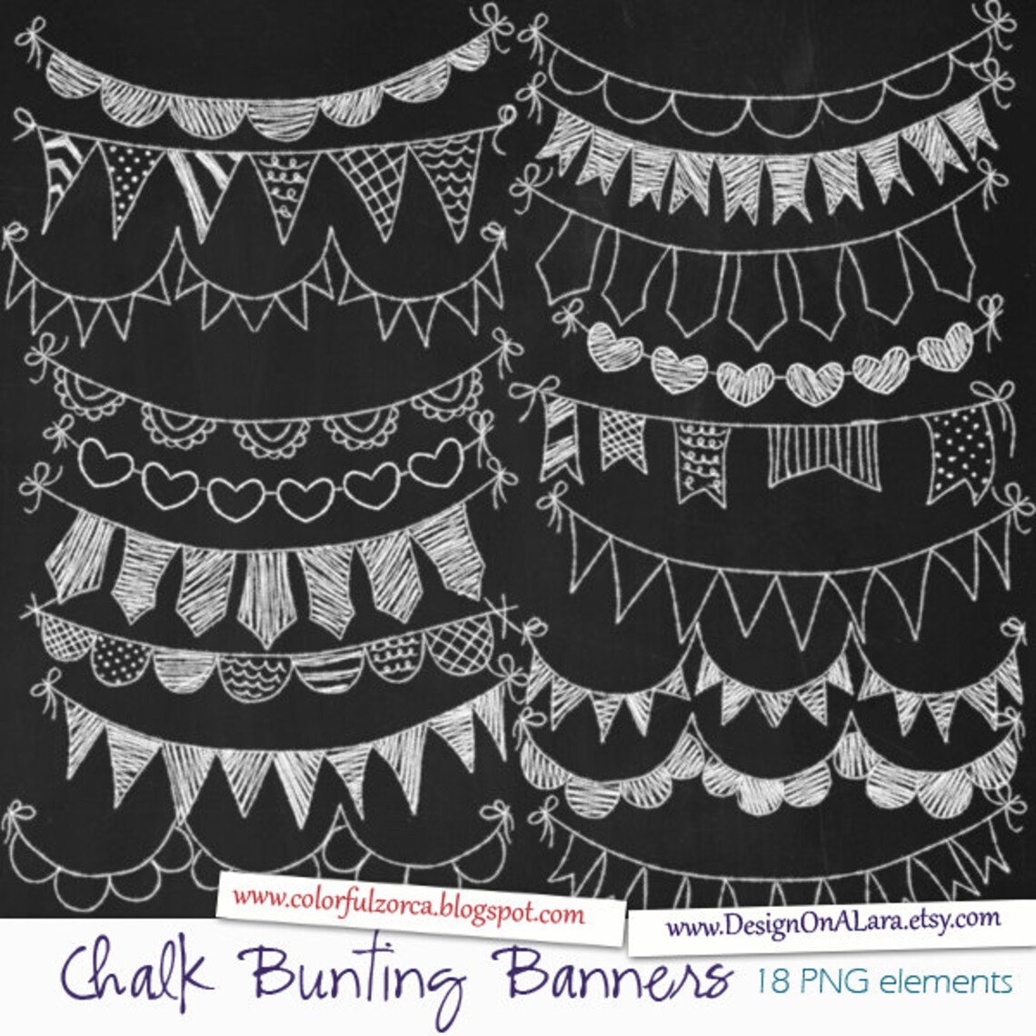 Chalk Bunting Banners, Chalk Banners Clip Art, Digital Banners, Hand
