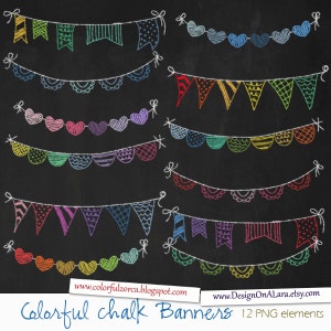 Colorful Chalk Bunting Banners, Rainbow Chalk Banners Clip Art, Chalkboard Digital Banners, Hand Drawn Banners, Chalk Ribbon Banners
