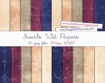 Swirls Digital Papers, Ladybug swirls papers, Wet swirls papers, Paisley Swirls Digital Papers, Floral swirls Paper, Watercolor papers