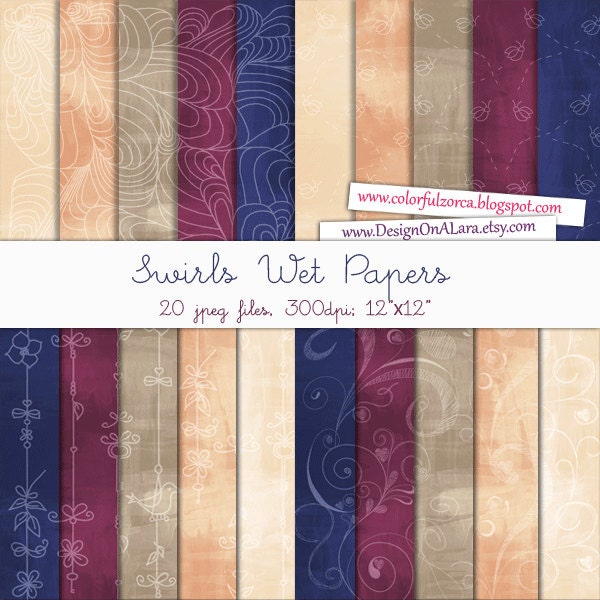 Swirls Digital Papers, Ladybug swirls papers, Wet swirls papers, Paisley Swirls Digital Papers, Floral swirls Paper, Watercolor papers