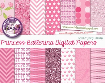 Princess Ballerina Digital Papers, Girl Digital Paper, Little Princess digital papers, Ballerina papers, Girl Baby Shower, Birthday, crown