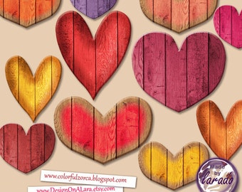 Wooden Hearts clipart, Wooden Texture Digital Clip Art, Colorful Valentines Hearts, wooden valentine hearts, wood hearts digital clip art