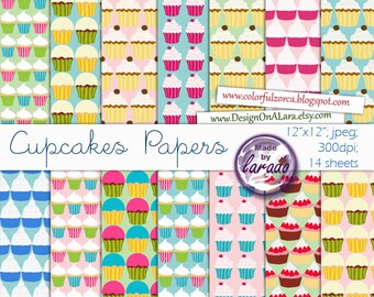 Cupcake Digital Paper, Bright Cupcakes Papers, Delicious Cupcakes paper, Fun cupcake digital scrapbook papers, birthday invite, cake toppers