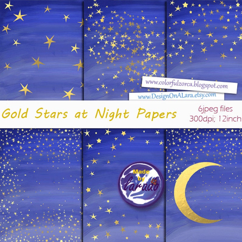 Gold Stars at Night Papers, Golden Midnight Papers, Starry Night Digital Paper, Celestial Backgrounds, golden star confetti papers image 1