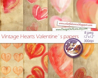 Vintage Valentine digital papers, vintage paper with hearts, hearts old backgrounds in vintage romantic colors, perfect for valentine 's day