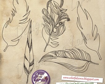 Feathers digital stamps, Hand drawn feather clipart, digital feathers clipart, Feather Silhouettes, Coloring Line Art for DIY Prints