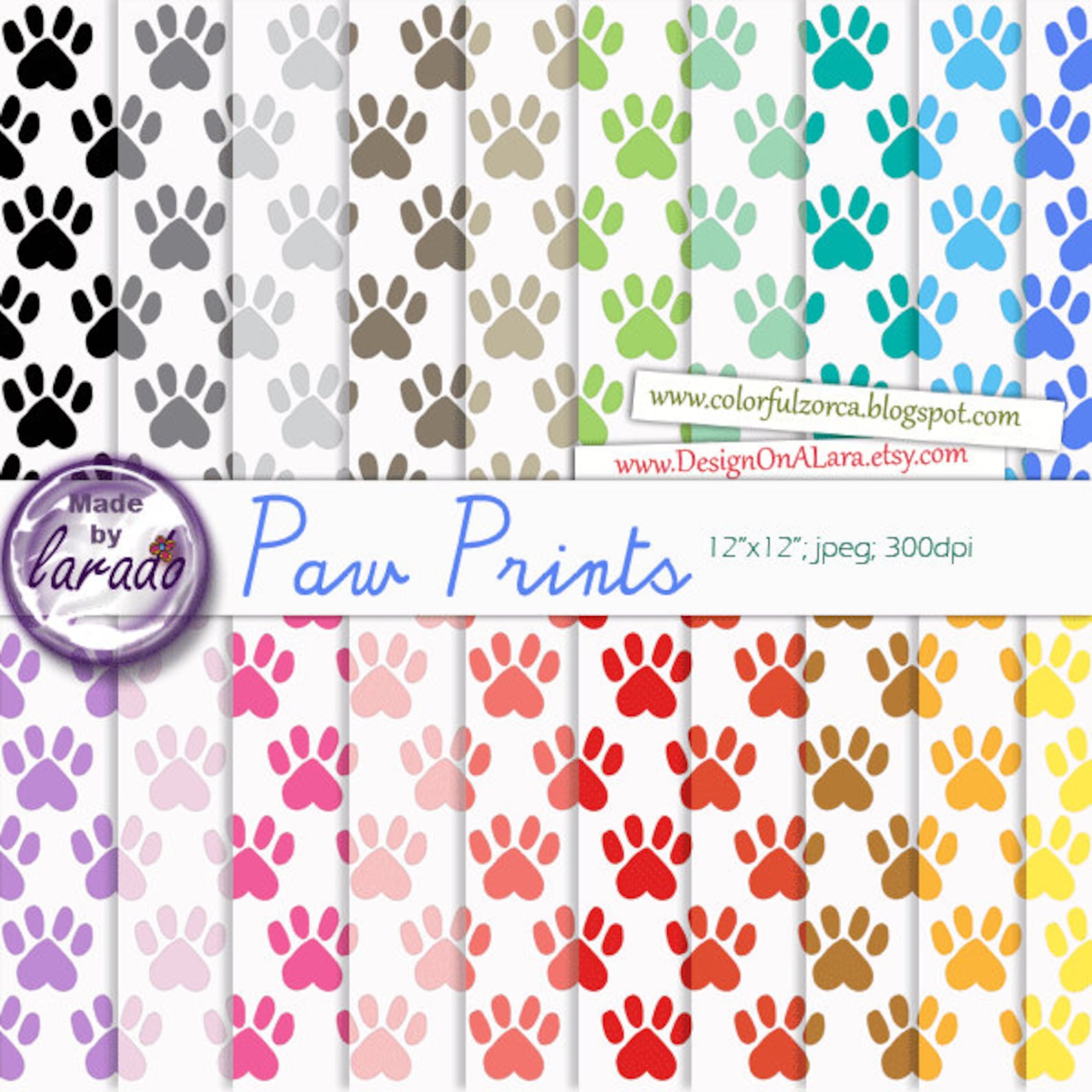 Paw Print Digital Paper Pack, Paw Print Dog Papers, Animal Paw Papers