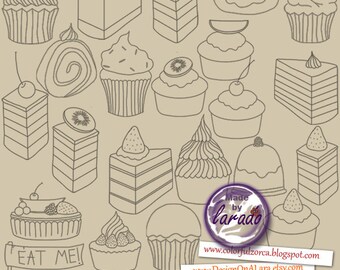 Cupcake Digital Stamps, Clipart Cake Doodles Clip Art, Illustrations cupcakes hand drawn sketch food digital stamps, line drawings