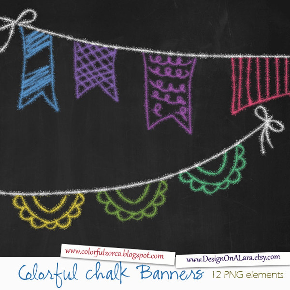 Colorful Chalk Bunting Banners, Rainbow Chalk Banners Clip Art