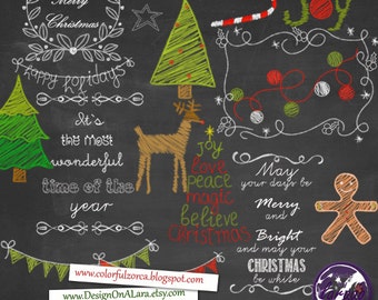 Christmas Chalk clipart, Chalkboard Christmas Clipart, Chalk Digital Clip Art Pack with Holidays Wordart, Christmas clipart overlays