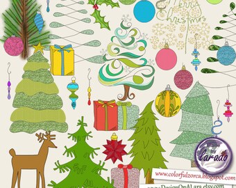 Colored Christmas tree clipart, Digital Graphics, Christmas Tree Clip Art, Holiday digitals, Christmas ornaments, Deer  clipart, Dangles