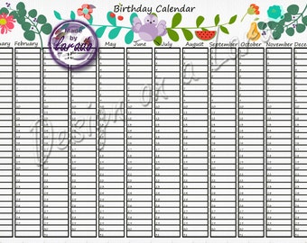 Birthday Calendar Lovely Gardentime, Printable Calendar, Digital Calendar, 12x18 print, 11.5x16.5 print, Important Dates, DIY