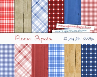 Picnic Digital Papers, Gingham and Wood, Scrapbook Paper Pack, Wooden Backgrounds, Picnic Digital paper, blue red picnic scrapbook papers