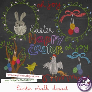 Easter Chalk clipart, Chalkboard Easter Clipart, Chalk Digital Clip Art Pack with Easter Wordart, Easter clipart overlays