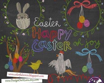 Easter Chalk clipart, Chalkboard Easter Clipart, Chalk Digital Clip Art Pack with Easter Wordart, Easter clipart overlays