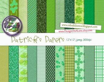 St Patrick Day Digital Papers, Irish scrapbooking paper pack, glitter linen polka dot green papers, Lucky Green St Patrick's Digitals